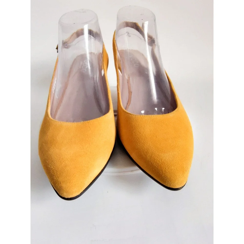 New Ecco Pumps 10 Slingback Kitten Heel Mustard Yellow Suede Pointed Toe Shoes